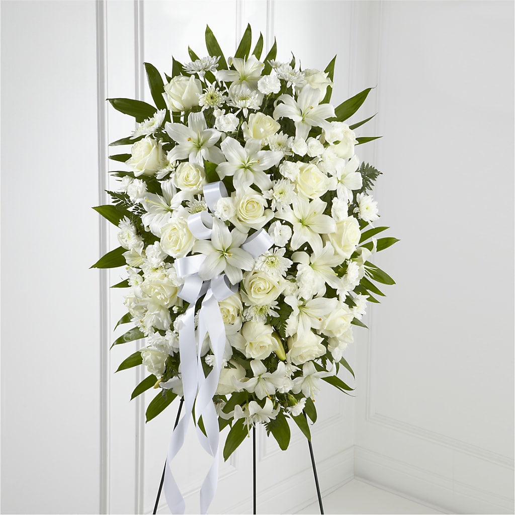 Exquisite Tribute Standing Spray-White Ribbon – Emotional Bonding, Niles IL