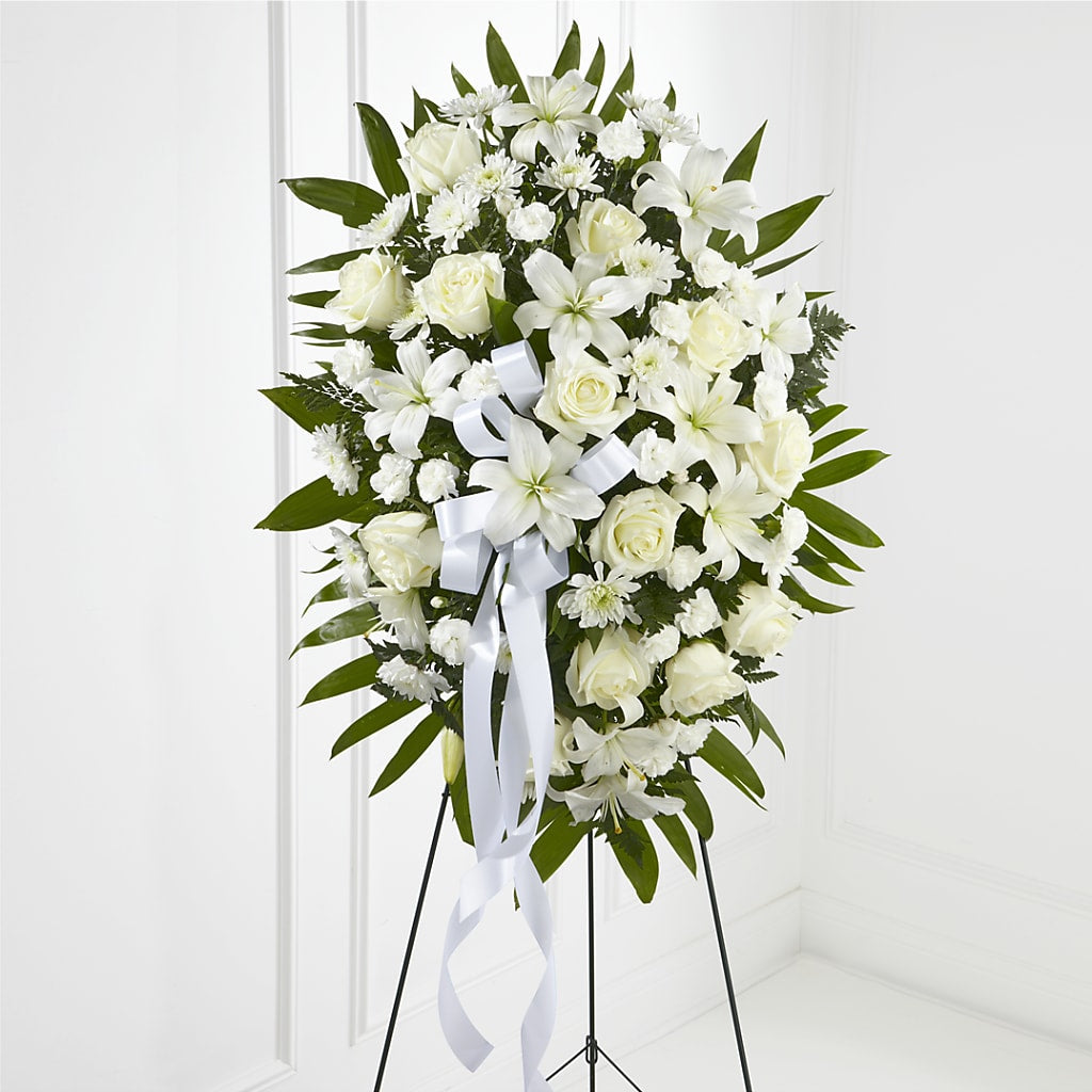 Exquisite Tribute Standing Spray-White Ribbon – Emotional Bonding, Niles IL